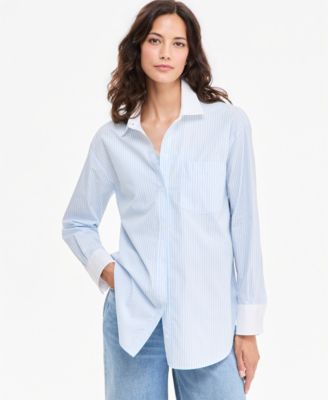 On 34th Women's Oversized Contrast-Collar Striped Poplin Shirt, Macy's Exclusive