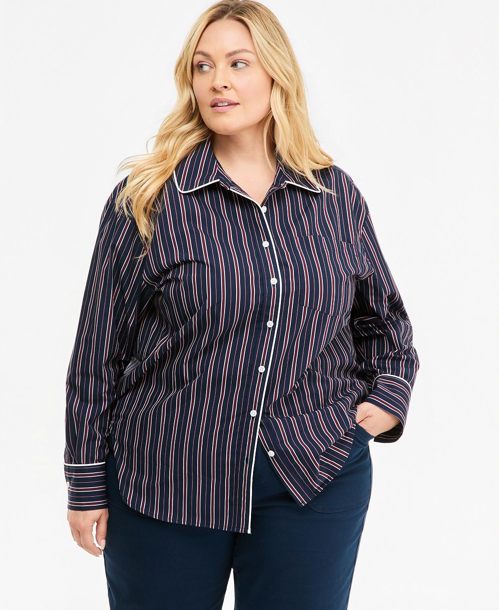 On 34th Plus Size Striped Poplin Long-Sleeve Button Down Shirt, Macy's Exclusive