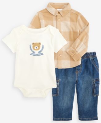 First Impressions Baby Boys' 3M-24M Flannel Shirt, Bodysuit and Cargo Pants, 3-Piece Set, Macy's Exclusive