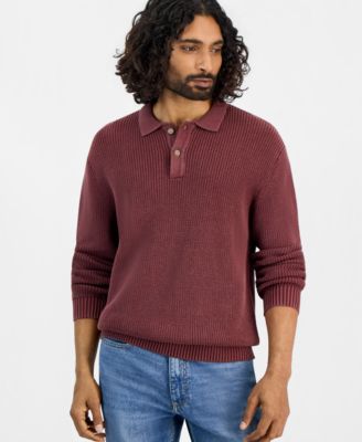 Sun + Stone Men's Acid-Washed Long-Sleeve Cotton Polo Sweater, Macy's Exclusive