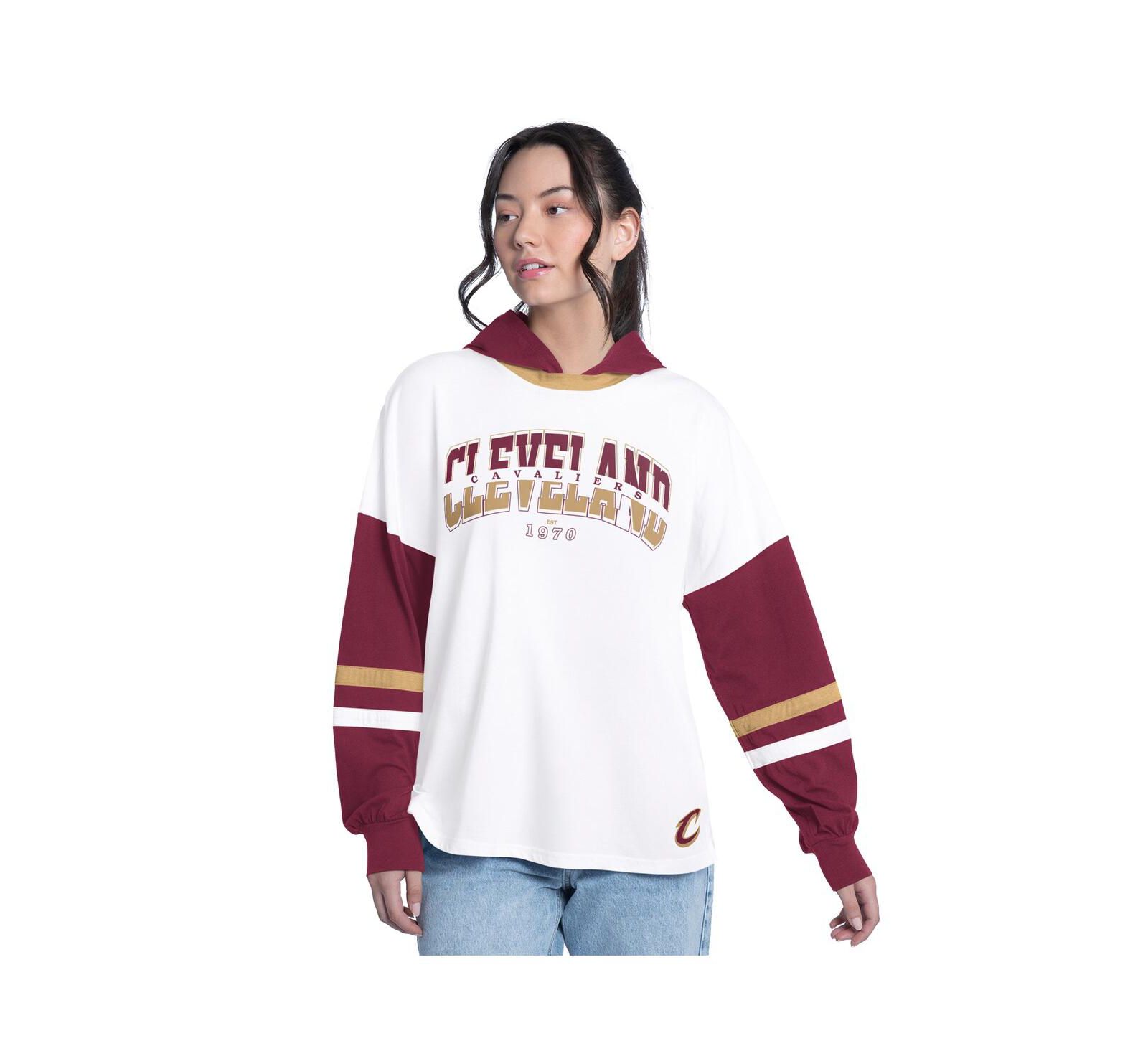 Женская футболка G-III 4Her by Carl Banks White/Wine Cleveland Cavaliers Key Player Oversized Hooded Long Sleeve