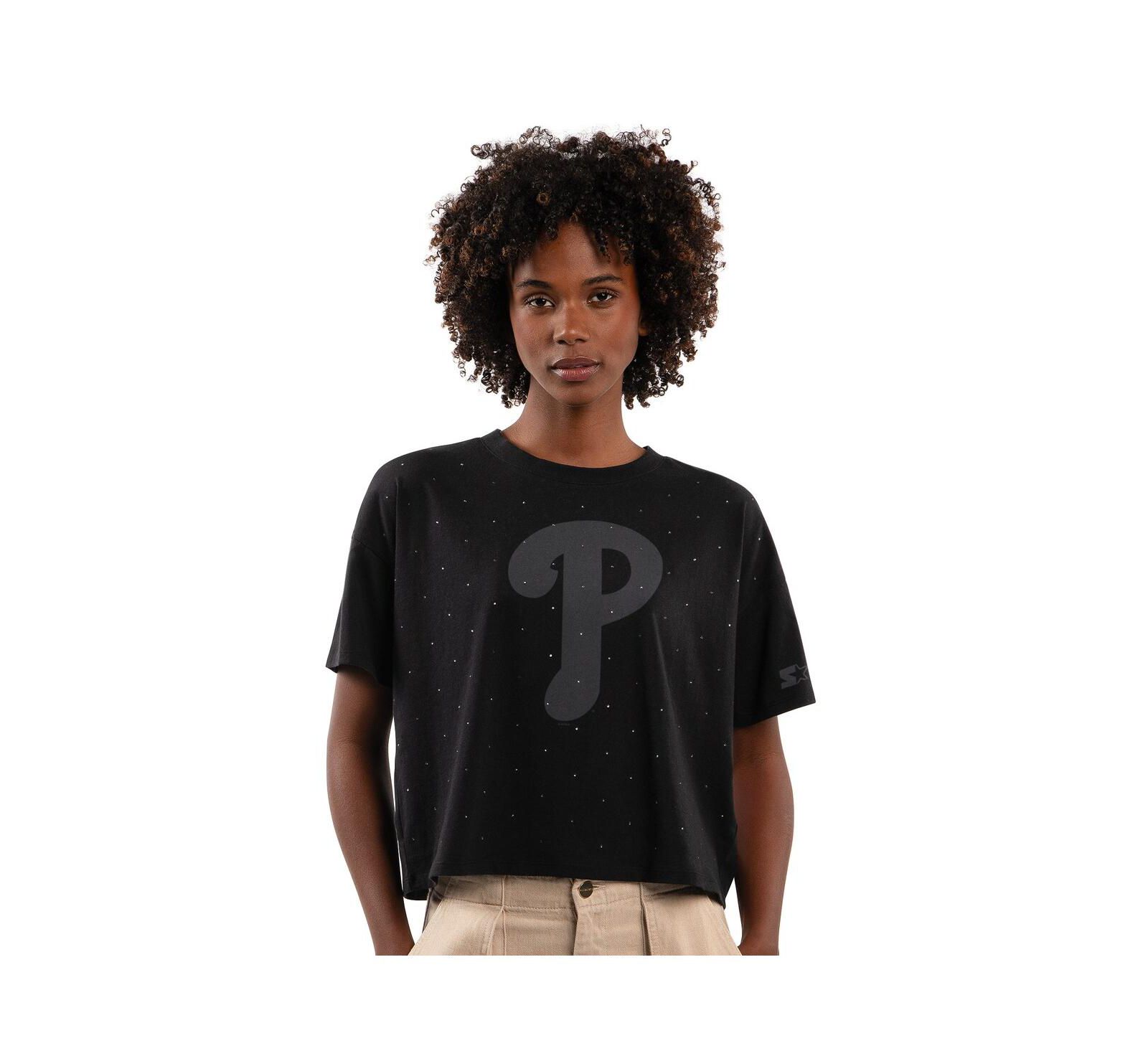 Starter Women's Black Philadelphia Phillies Rhinestone Sprinkle Boxy Cropped T-Shirt