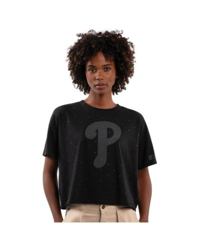 Starter Women's Black Philadelphia Phillies Rhinestone Sprinkle Boxy Cropped T-Shirt