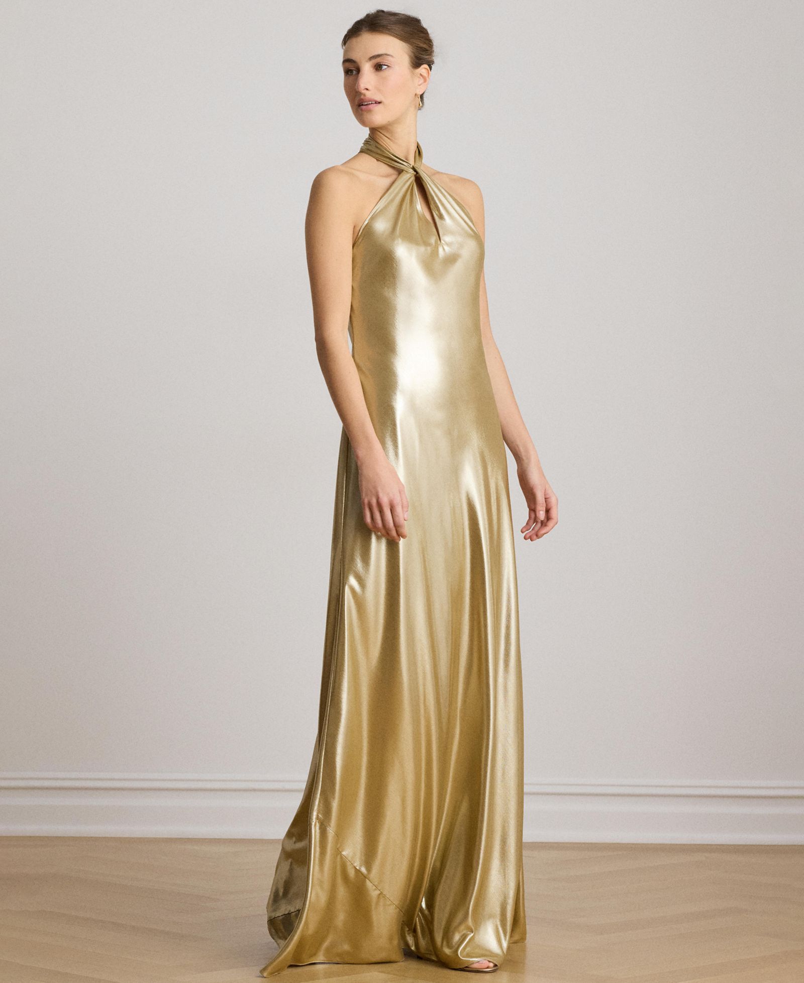 Lauren Ralph Lauren Metallic Chiffon Halter Gown