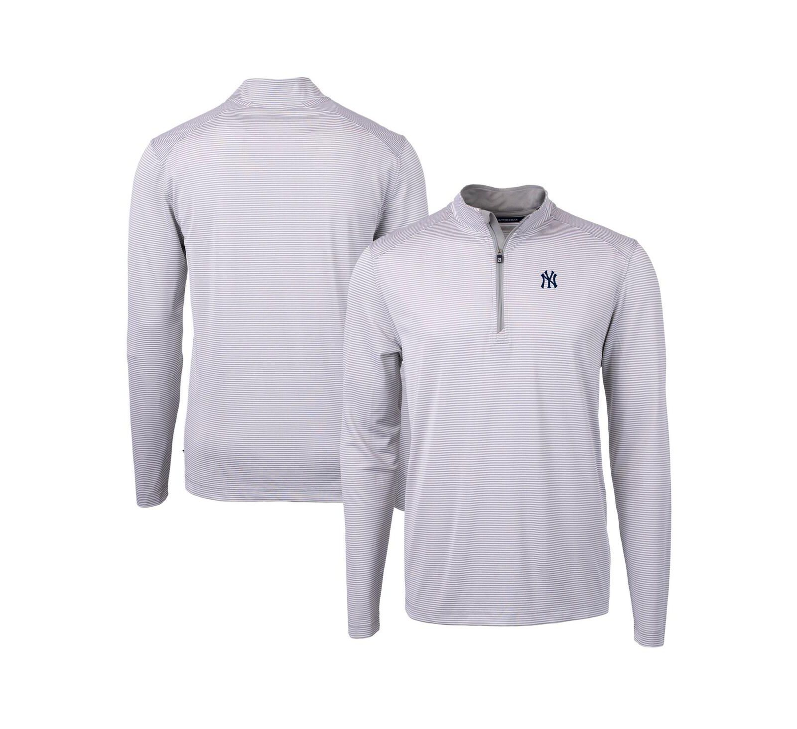 Рубашка Cutter & Buck Men's Gray/White New York Yankees Virtue Eco Pique Micro Stripe Quarter-Zip