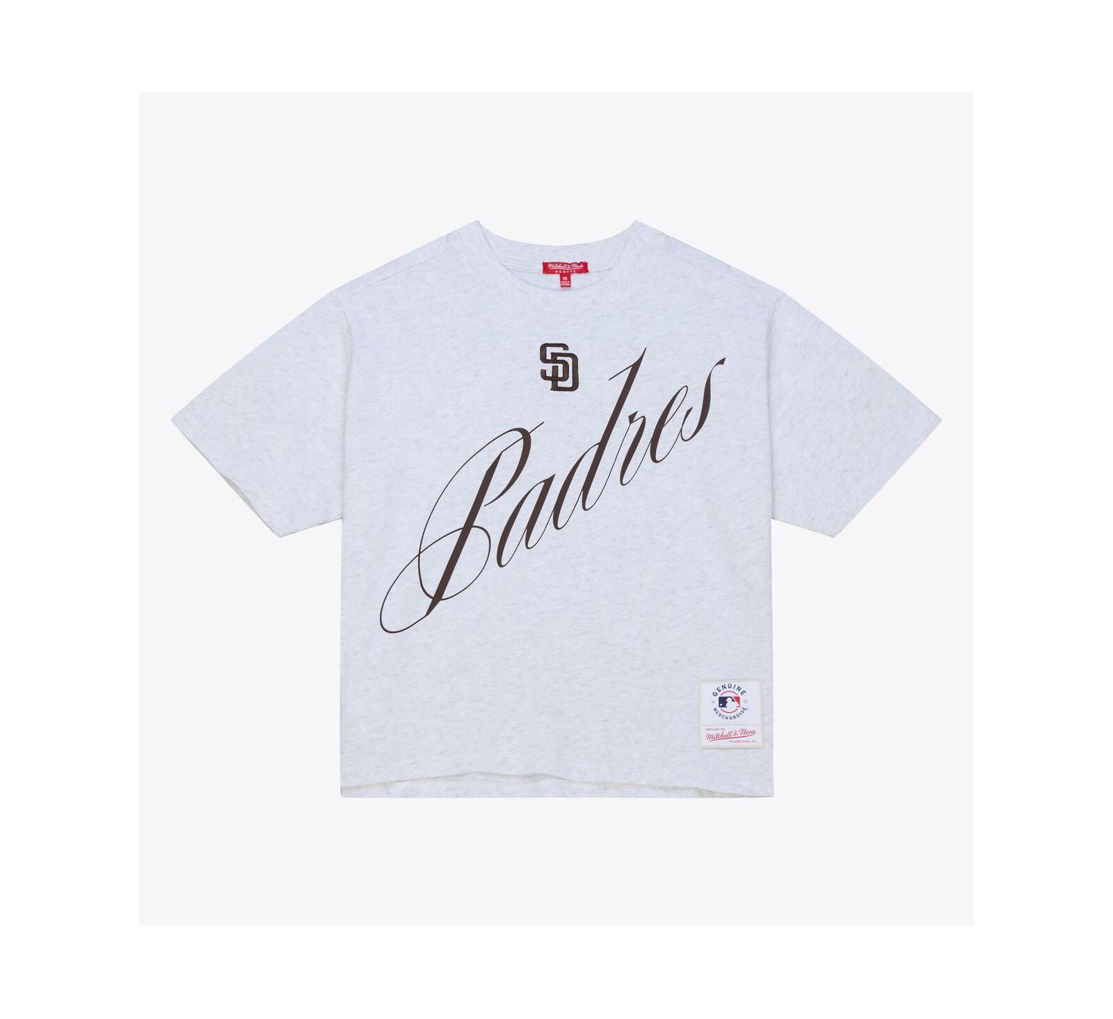 Женская укороченная футболка Mitchell & Ness San Diego Padres Script Boxy, серая меланж