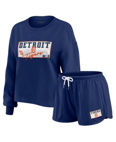 Комплект WEAR by Erin Andrews Detroit Tigers Heavy Rugby Jersey Cropped Long Sleeve T-Shirt & Shorts Lounge Set для женщин, Navy