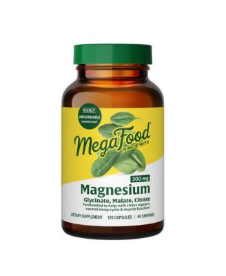 MegaFood Magnesium 300mg, Magnesium Glycinate, Citrate and Malate, Heart, Nerve Health, 120 Capsules