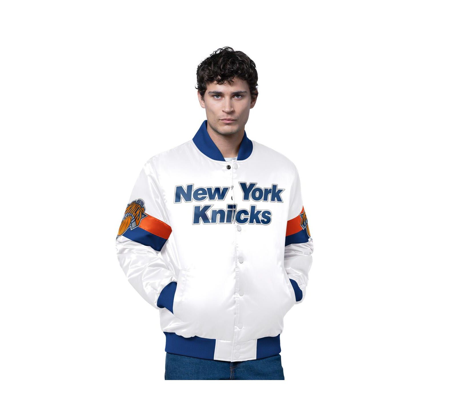 Starter Men's White New York Knicks Triple Option Varsity Full-Snap Satin Jacket