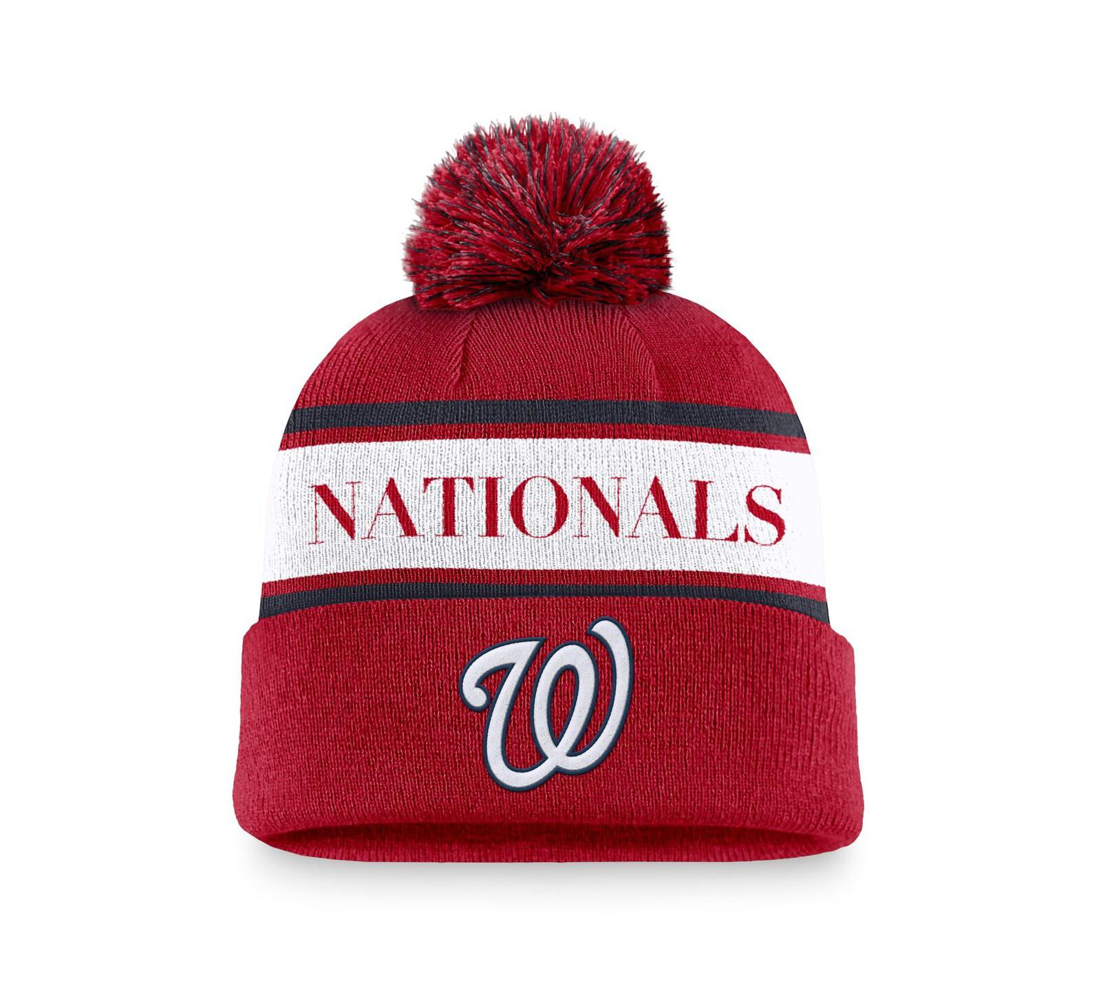 Nike Men's Red Washington Nationals Team Stripe Peak Cuffed Knit Hat with Pom