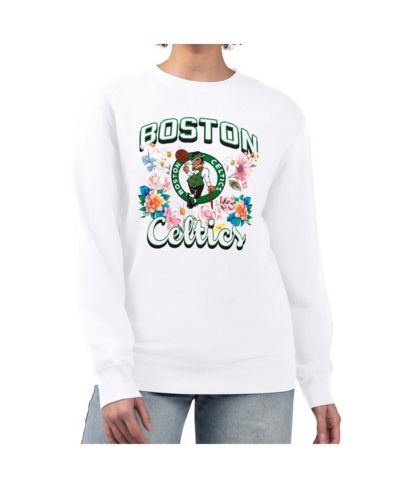 G-III 4Her By Carl Banks Women's White Boston Celtics Flowers Team Logo Graphic Fleece Crewneck Pullover Sweatshirt