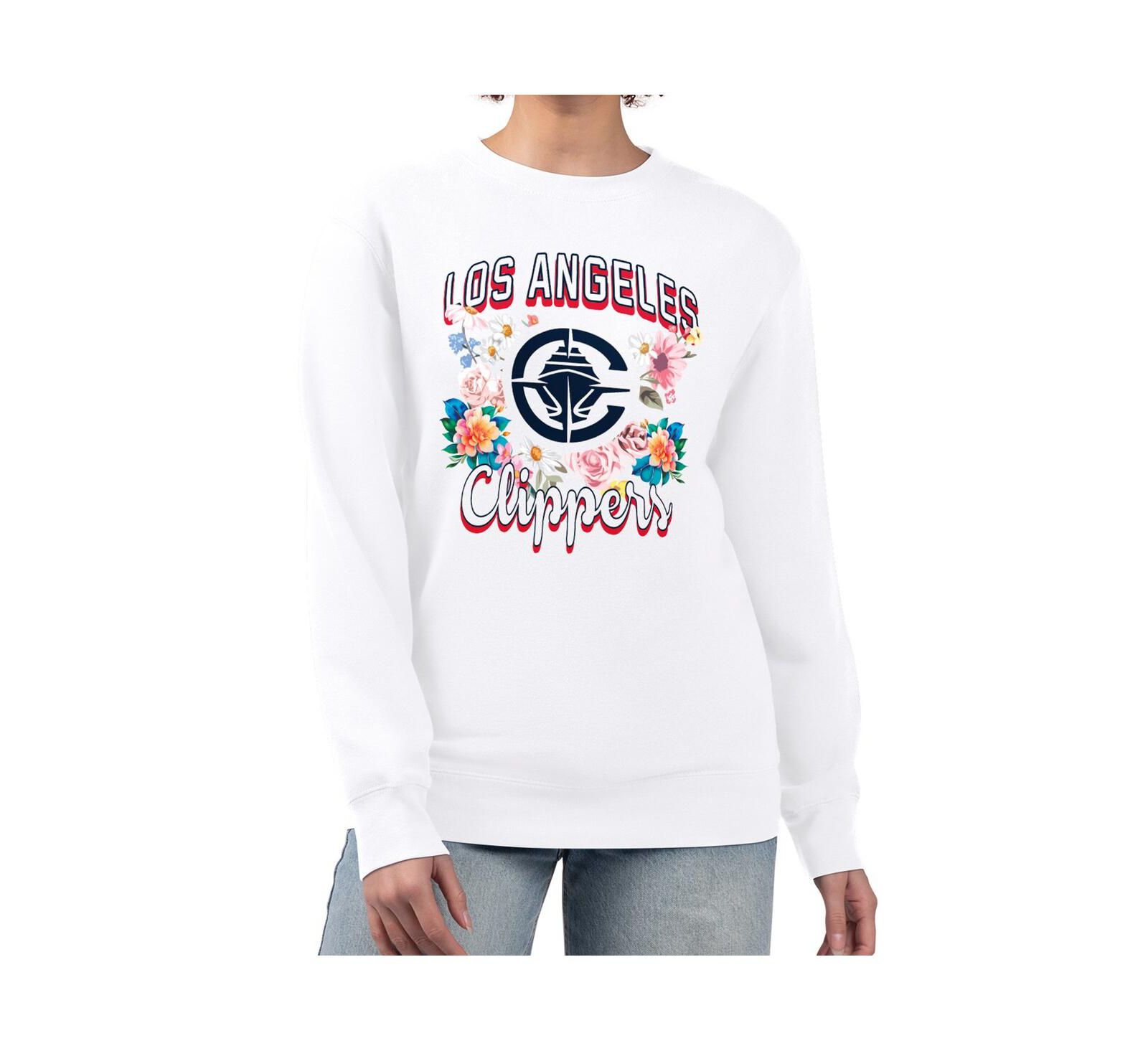 G-III 4Her By Carl Banks Women's White LA Clippers Flowers Team Logo Graphic Fleece Crewneck Pullover Sweatshirt