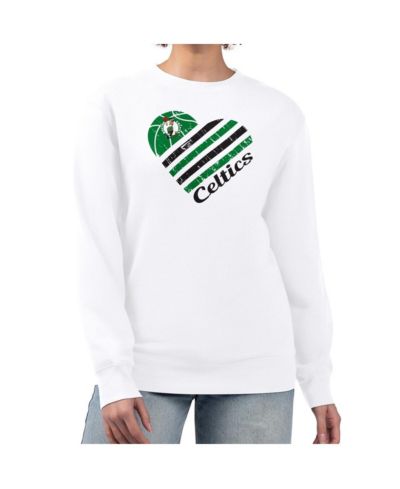 G-III 4Her By Carl Banks Women's White Boston Celtics Heart Graphic Fleece Pullover Sweatshirt