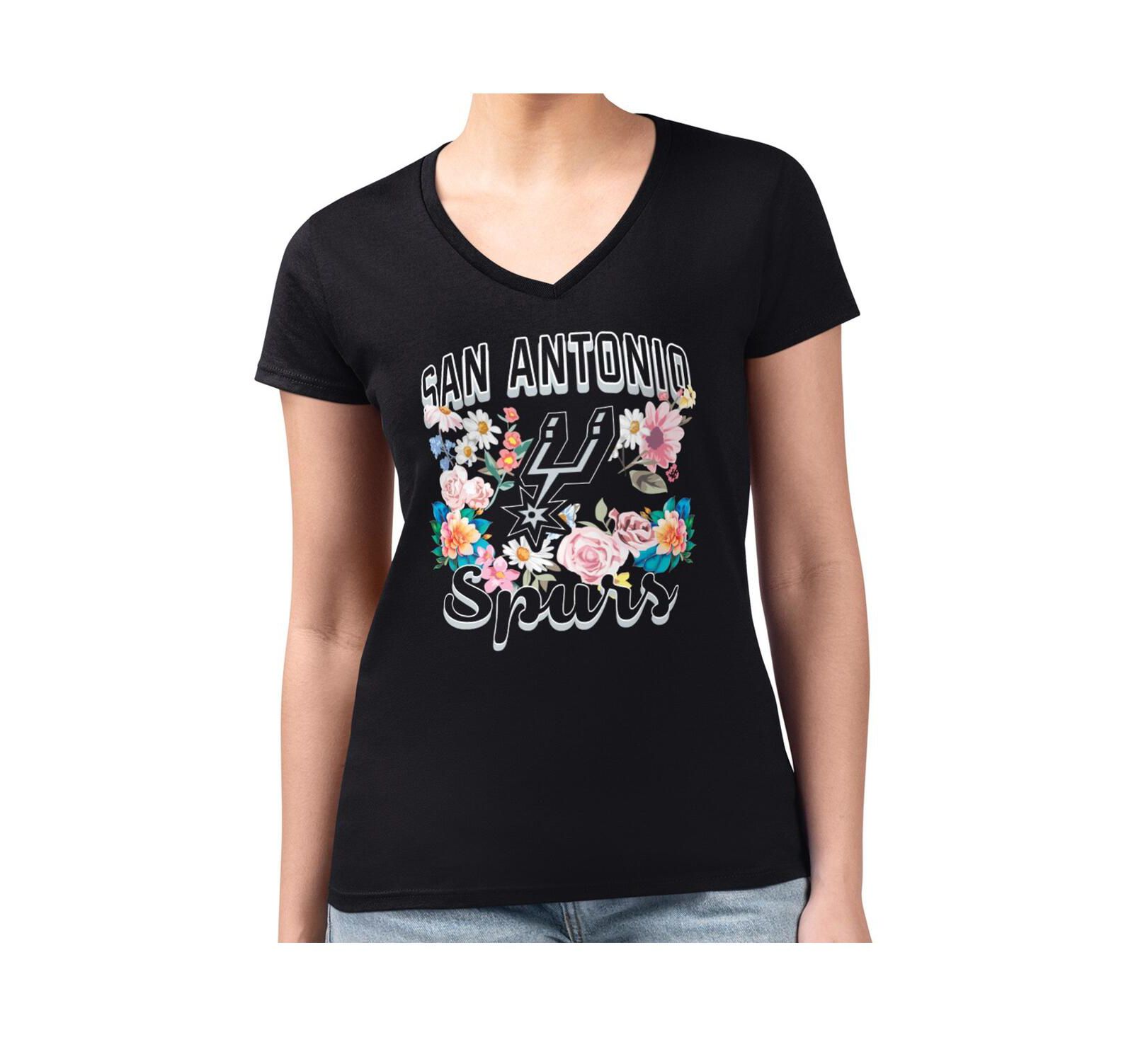 G-III 4Her By Carl Banks Женская G-III 4Her Black San Antonio Spurs Super-Slim Fit Lightweight Flowers Team Logo Graphic V-Neck T-Shirt