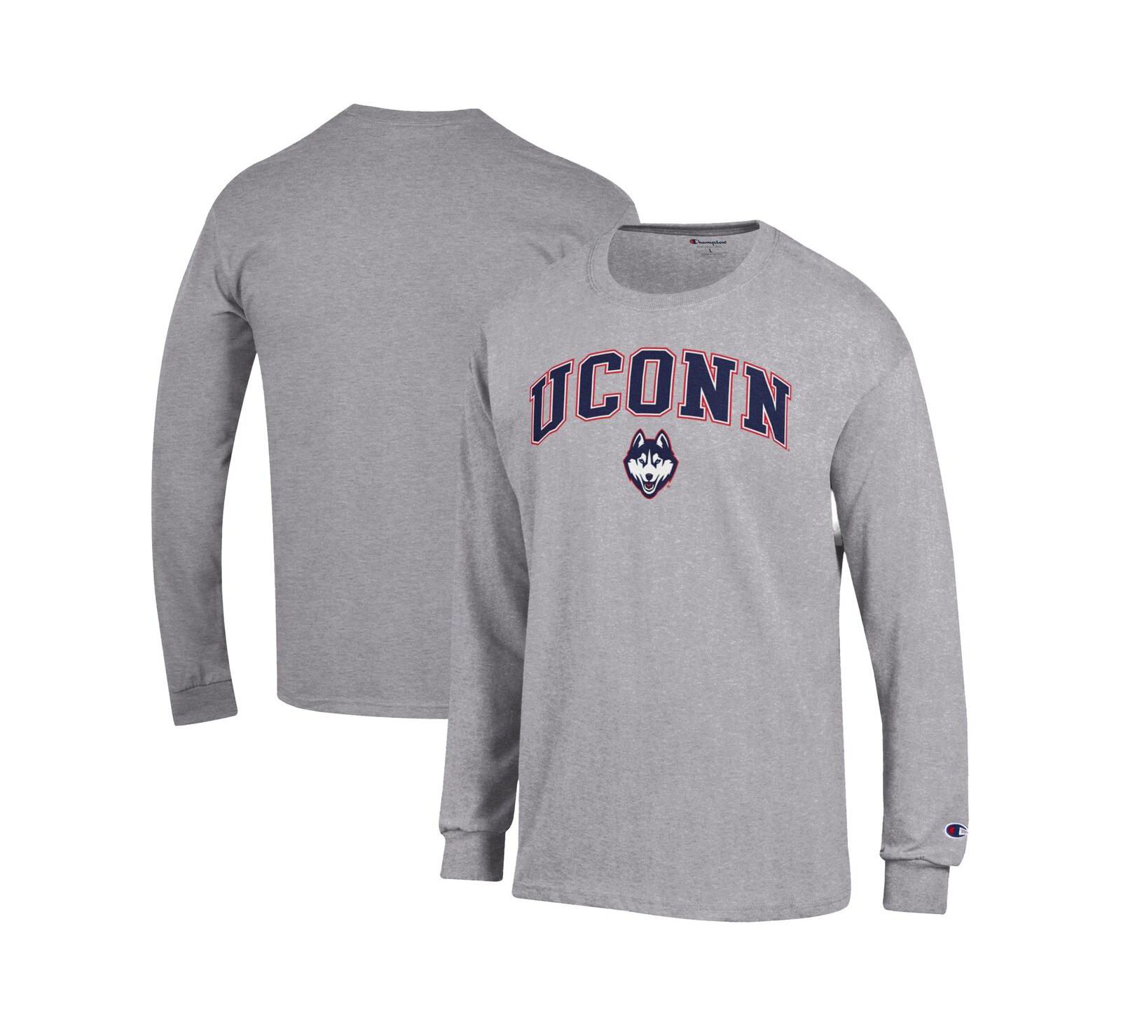 Футболка Champion Men's Heather Gray UConn Huskies Arch Over Logo Long Sleeve