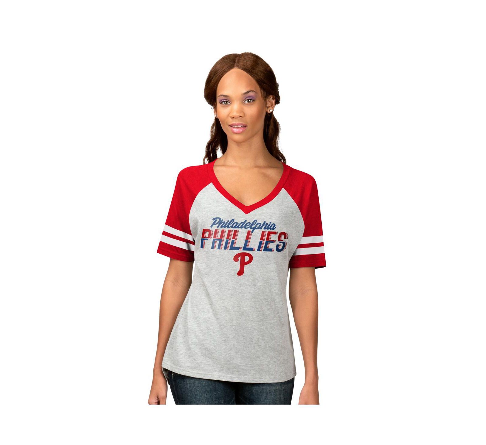 Женская футболка G-III 4Her By Carl Banks Heather Gray Philadelphia Phillies Goal Line Raglan V-Neck