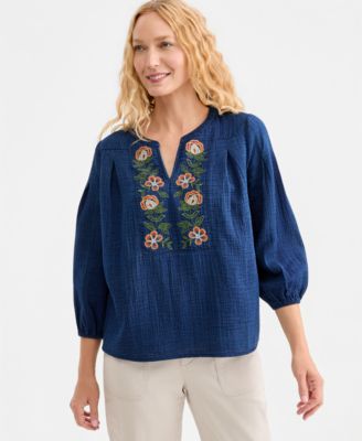 Style & Co Women's Embroidered Indigo Gauze Top, Macy's Exclusive