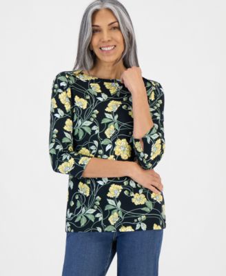 Style & Co Petite Printed Pima Cotton 3/4-Sleeve Boat Neck Top, Macy's Exclusive