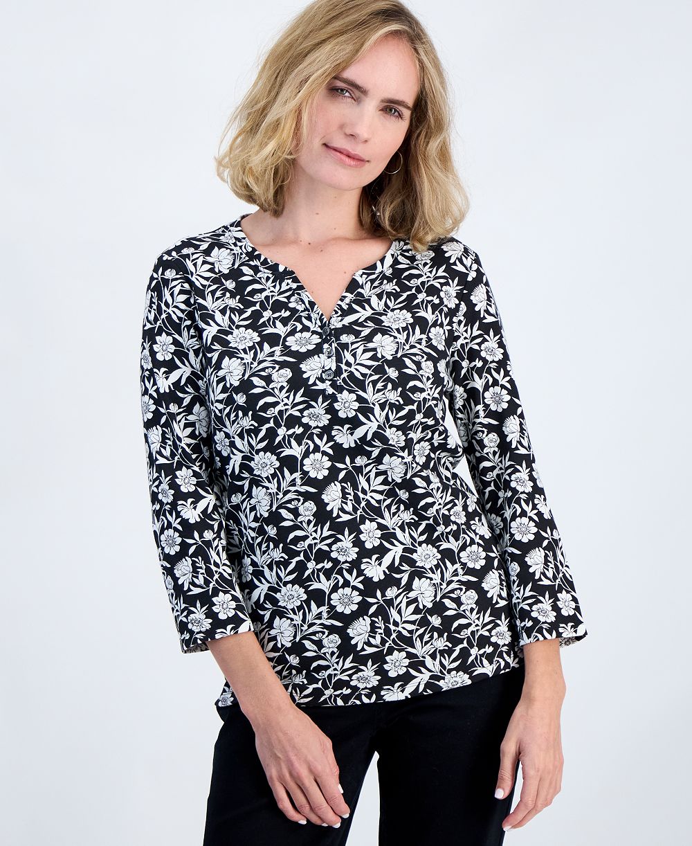 Style & Co Petite Printed 3/4 Sleeve Henley Top, Macy's Exclusive