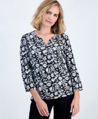 Style & Co Petite Printed 3/4 Sleeve Henley Top, Macy's Exclusive