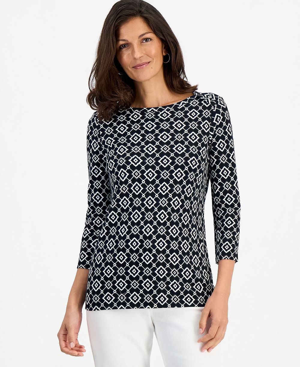 Style & Co Women's Printed Pima Cotton 3/4-Sleeve Boat Neck Top, Macy's Exclusive