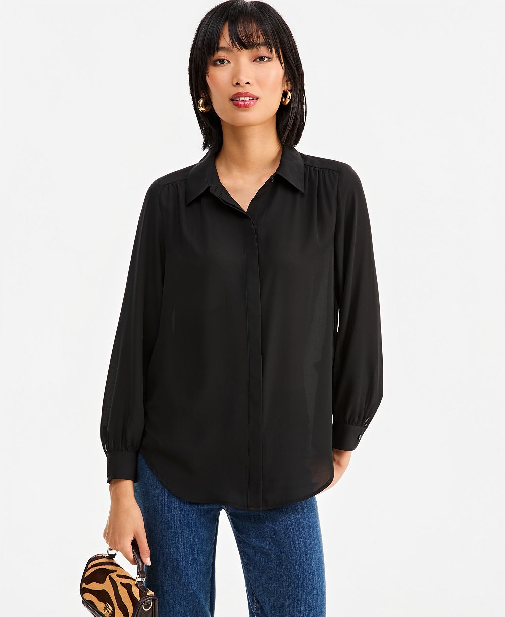 I.N.C. International Concepts Women's Long-Sleeve Collared Button-Down Tunic Blouse, Macy's Exclusive