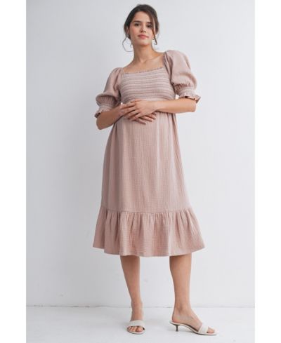 Hello Miz Women's Smocked Empire Waist Puff Sleeve Midi Dress with Ruffle Hem