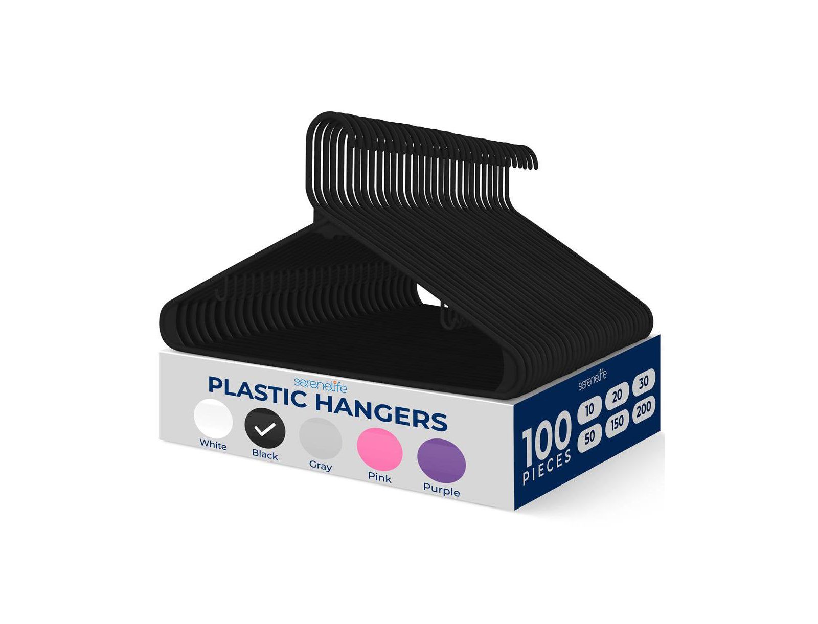 SereneLife 100 Pack Plastic Hangers – Non-Slip, Space-Saving, Durable