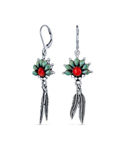 Серьги Bling Jewelry Western Style Squash Blossom Turquoise and Coral Feather Dangle.925 Sterling Silver