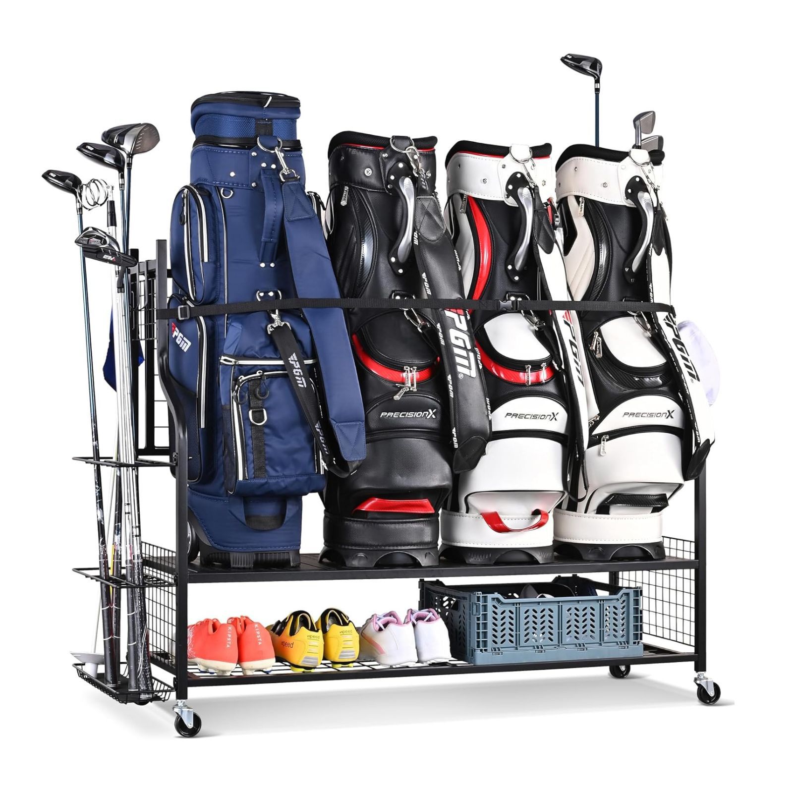 Heavy-Duty 4-Bag Golf Stand with Accessory Storage & Club Rack for Garage, Golf Club, Basement