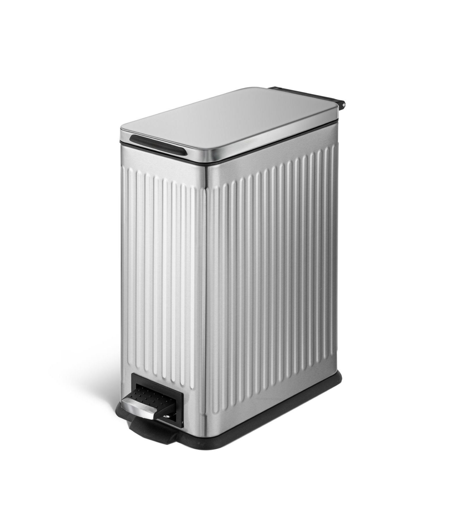 Home Zone Living 4 Gallon Slim Stainless Steel Kitchen Trash Can with Reeded Pattern, Step Pedal and Soft Close Lid