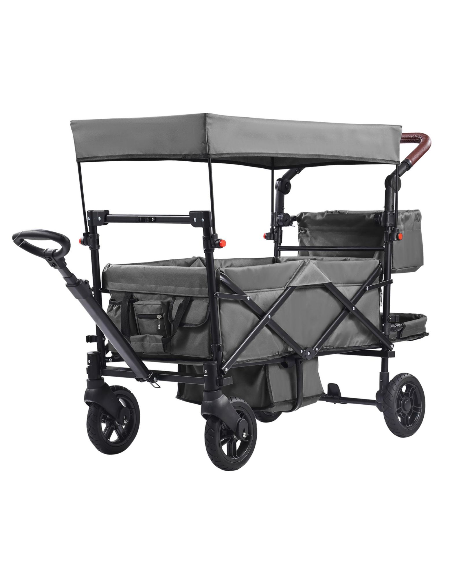 RAINSKEN Wagon Stroller for 2 Kids, Push Pull Quad Collapsible Stroller with Adjustable Handle, Encircling Harness and Removable Canopy for Camping