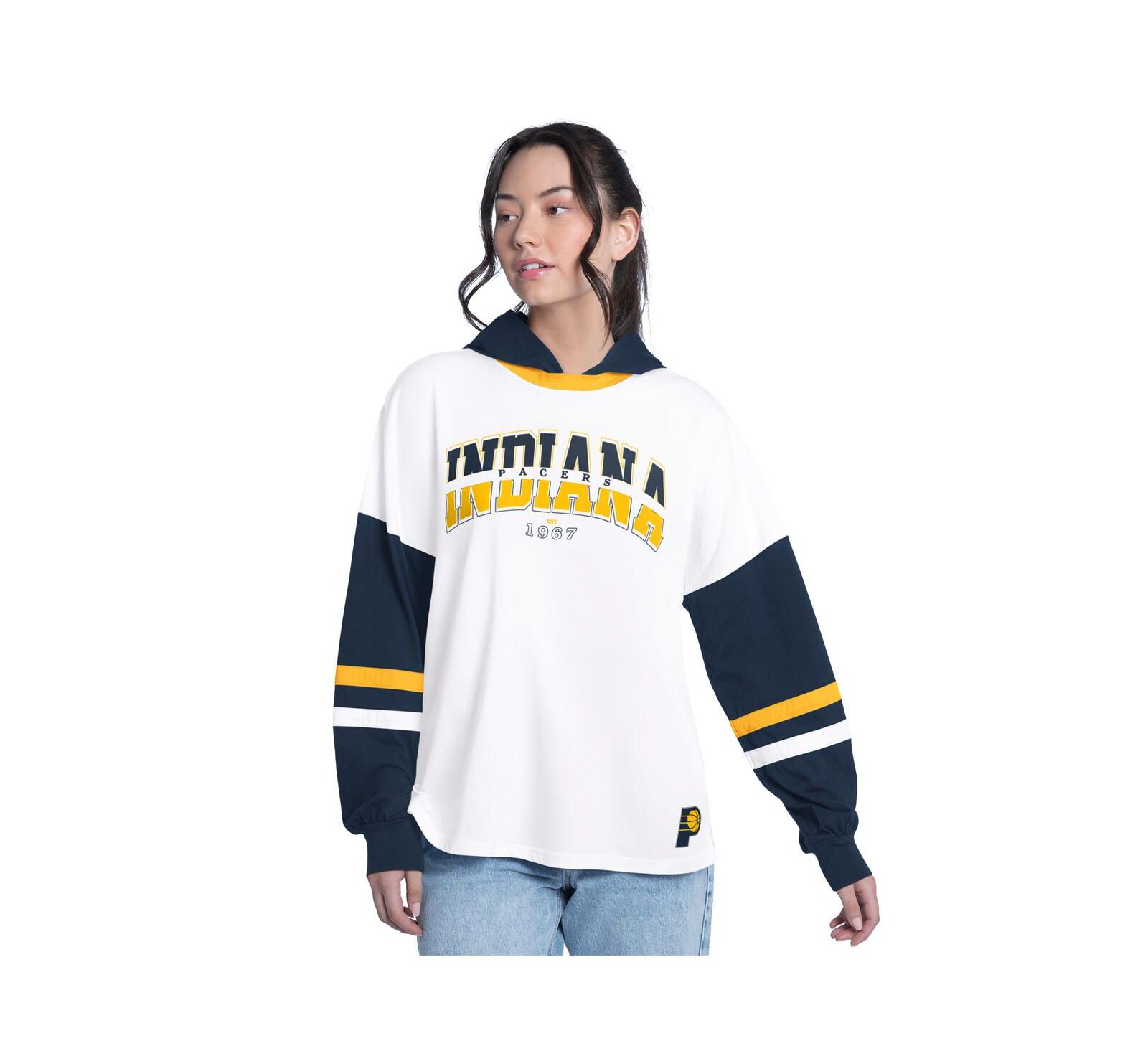 Женская удлиненная футболка с капюшоном и длинным рукавом G-III 4Her by Carl Banks White/Navy Indiana Pacers Key Player Oversized