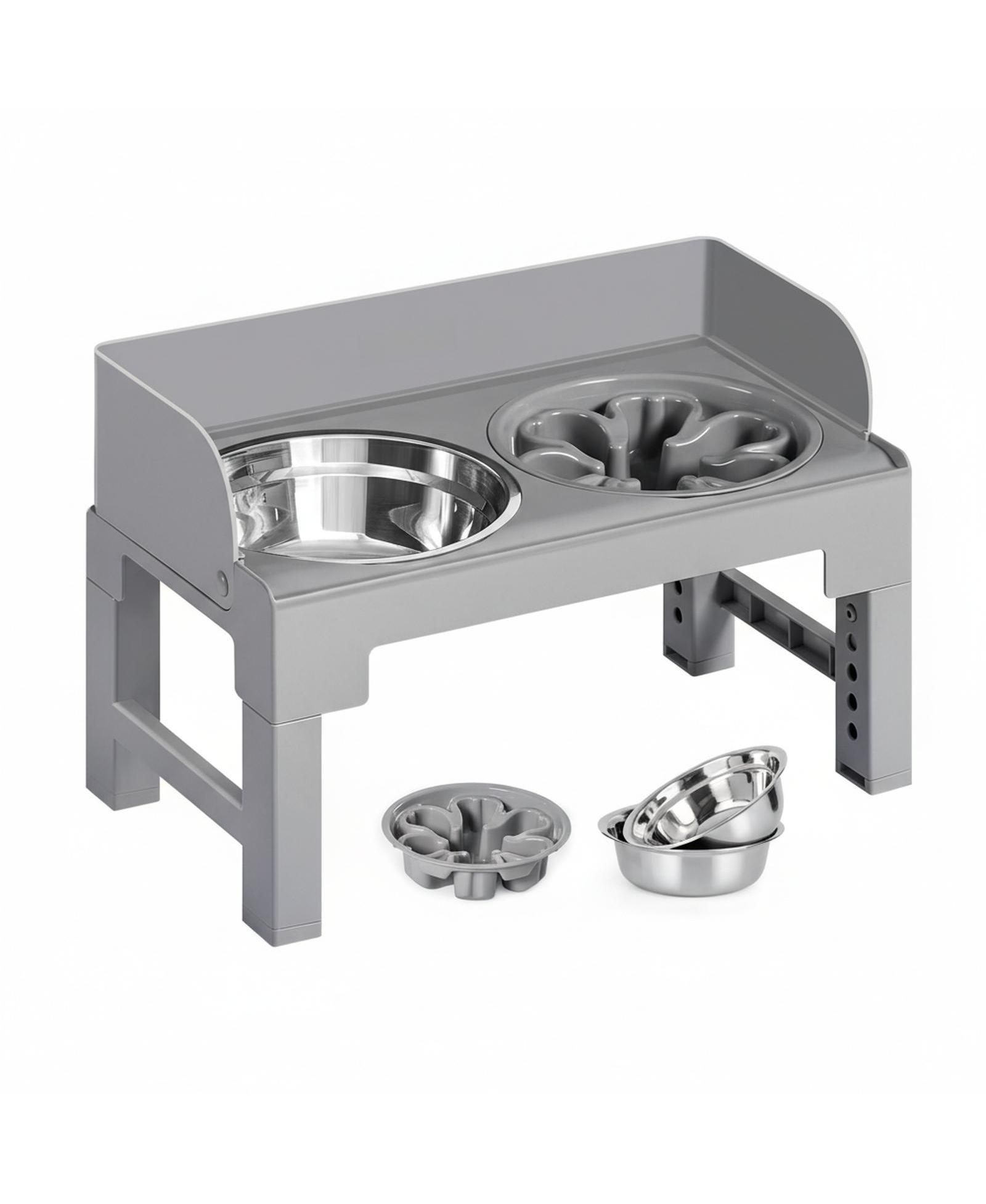 ARONKL Dog Elevated Stand with Slow Feeder & 2 Stainless Steel Bowls Adjustable Height Tilted Design