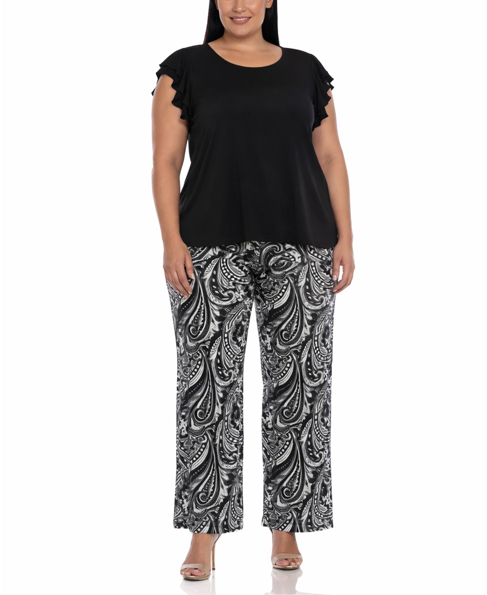 Комплект из топа с рюшками и брюк White Mark Plus Size, белый