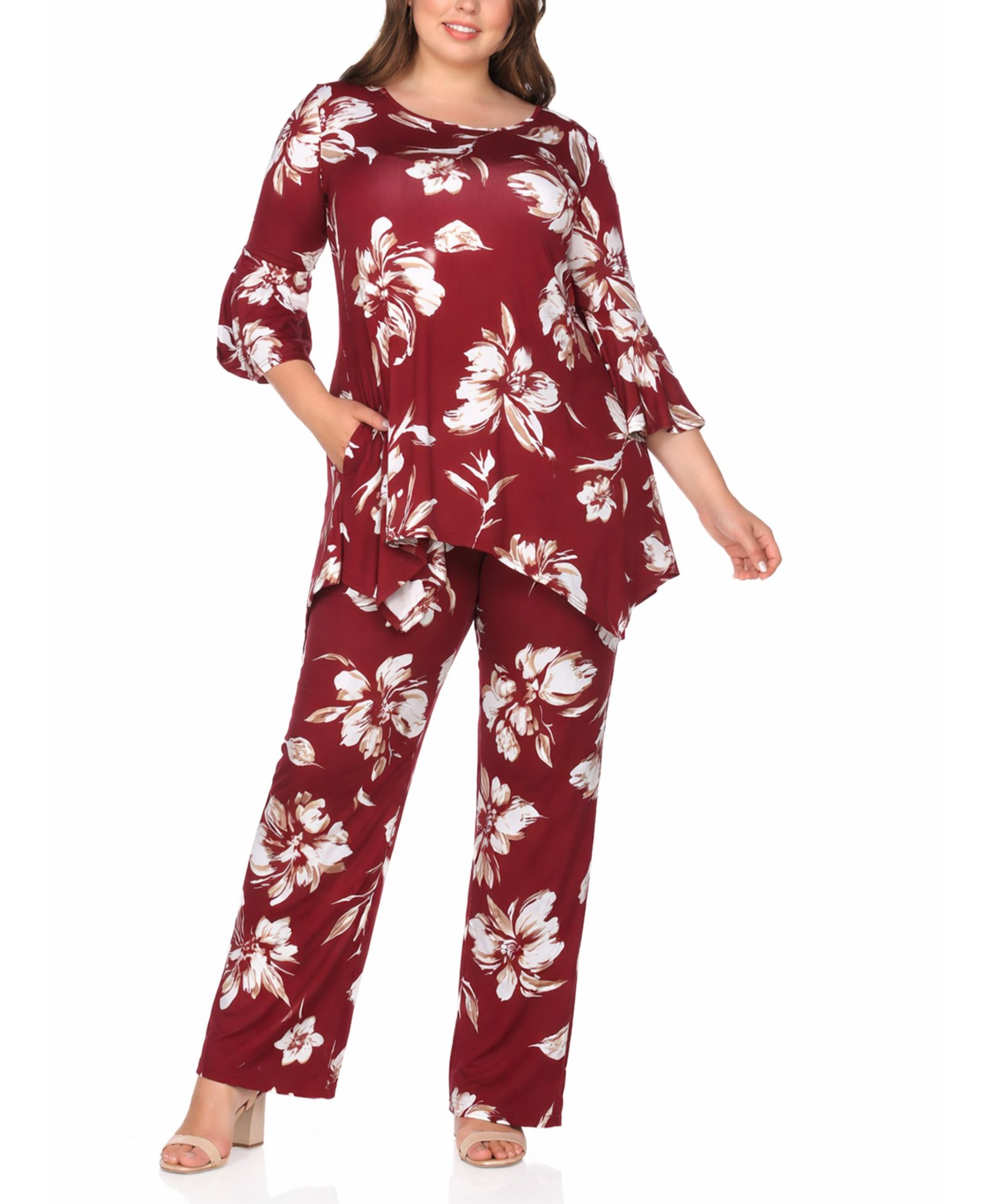 Комплект из топа и брюк Plus Size White Mark Floral Tunic Top Wide-Leg Pant