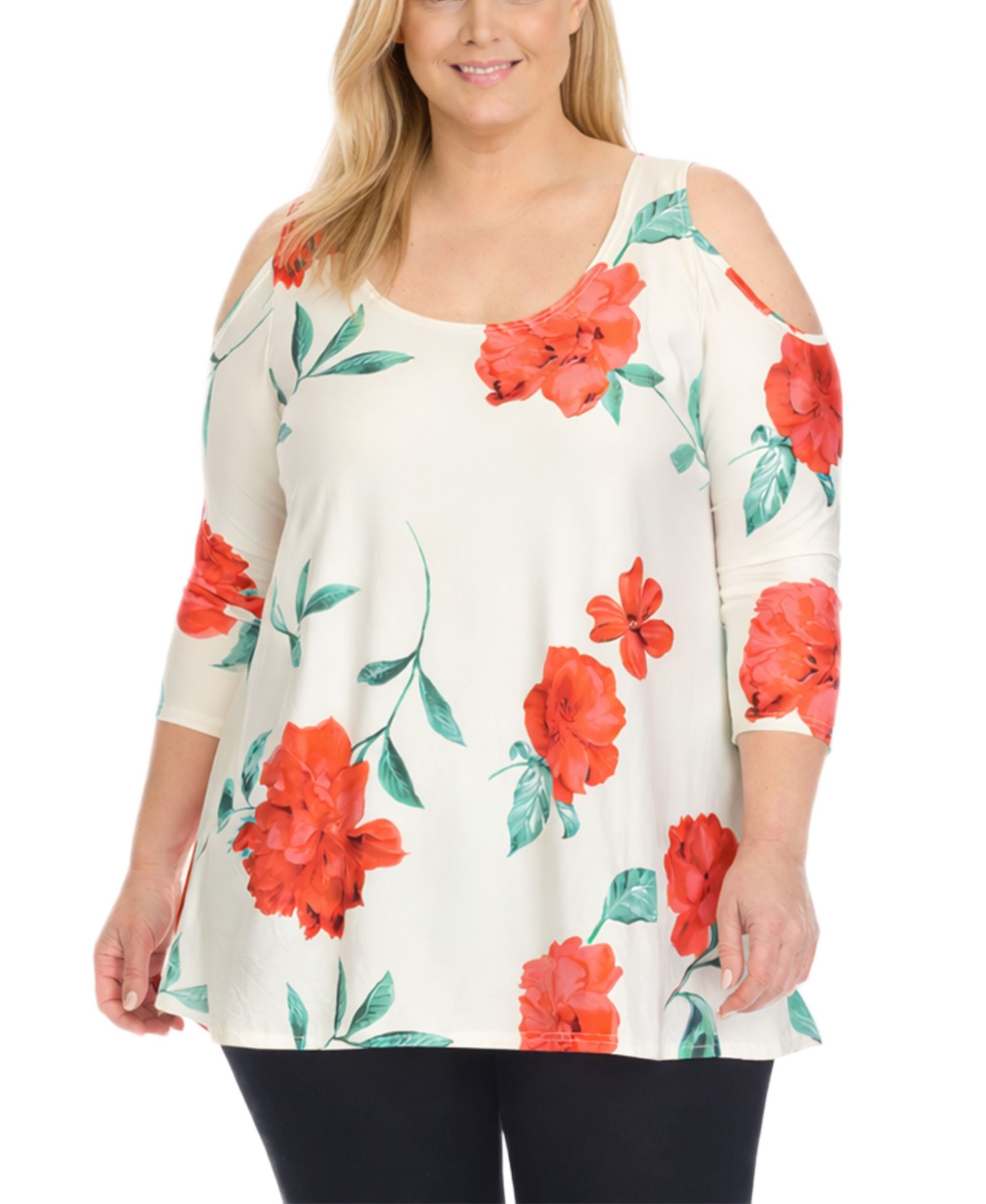 White Mark Plus Size Floral Cold Shoulder Knit Tunic Top