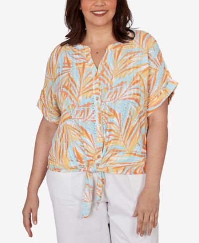 HEARTS OF PALM Plus Size Printed Eyelet Gauze V-neck Top with Tie-Front
