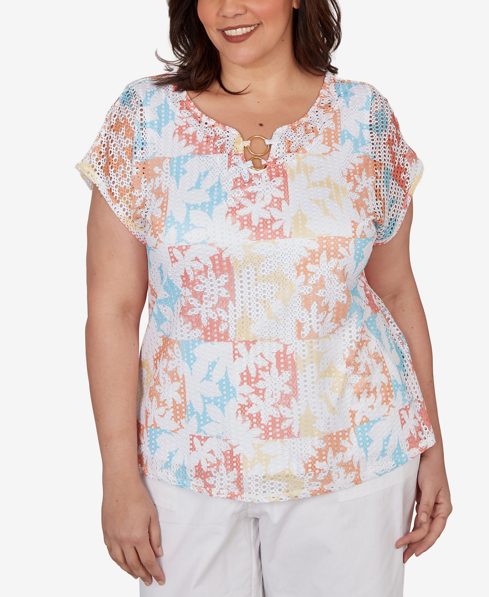 HEARTS OF PALM Plus Size Printed Textured Knit T-Sleeve Top