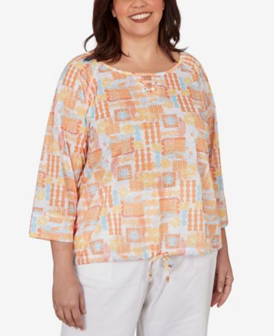 HEARTS OF PALM Plus Size Printed Slub Blouson Top with Three-Quarter-Sleeve