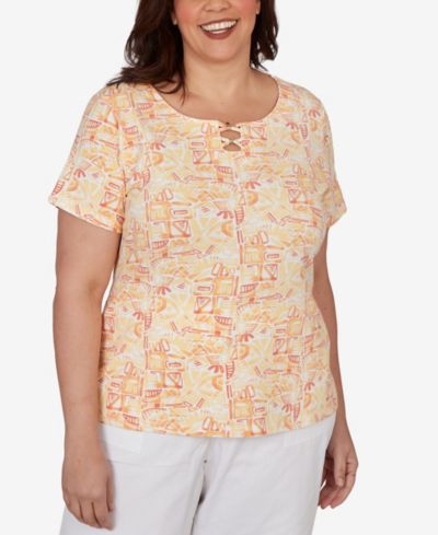HEARTS OF PALM Plus Size Printed Stretch Jersey Short-Sleeve Bead Neck Top