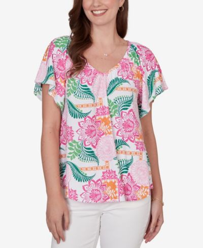 Ruby Rd. Petite Tropical Floral Eyelet Flutter Sleeve T-Shirt