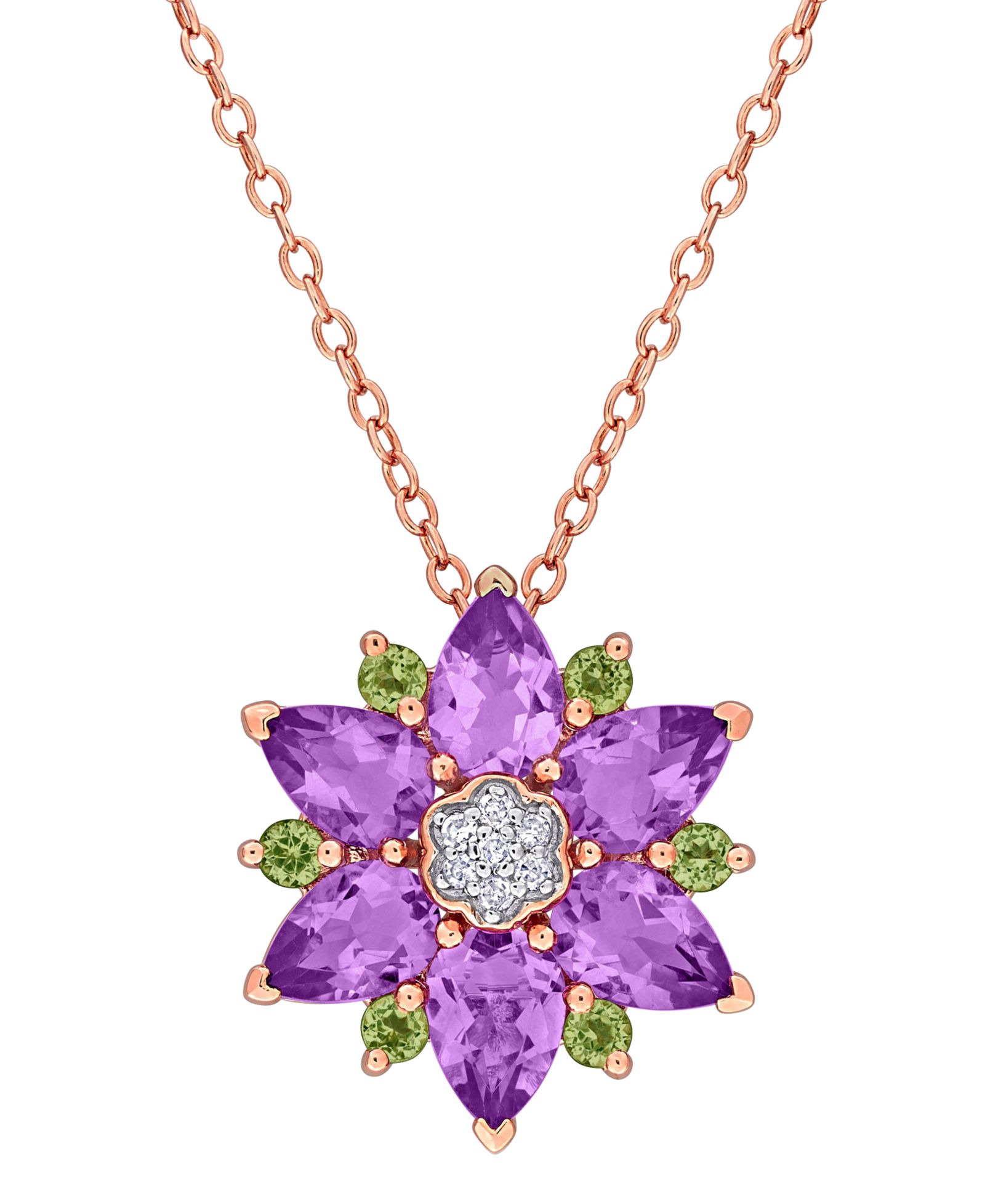 Macy's Amethyst (2-1/10 ct. t.w.), Peridot (1/4 ct. t.w.) & Diamond (0.04 ct. t.w.) Pendant Necklace in 18k Rose Gold Flash Plated Sterling Silver