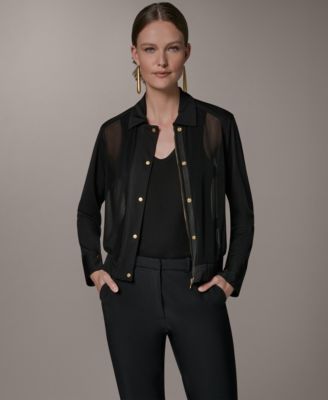 Donna Karan New York Women's Bomber Mixed Media Zip-Front Jersey Jacket