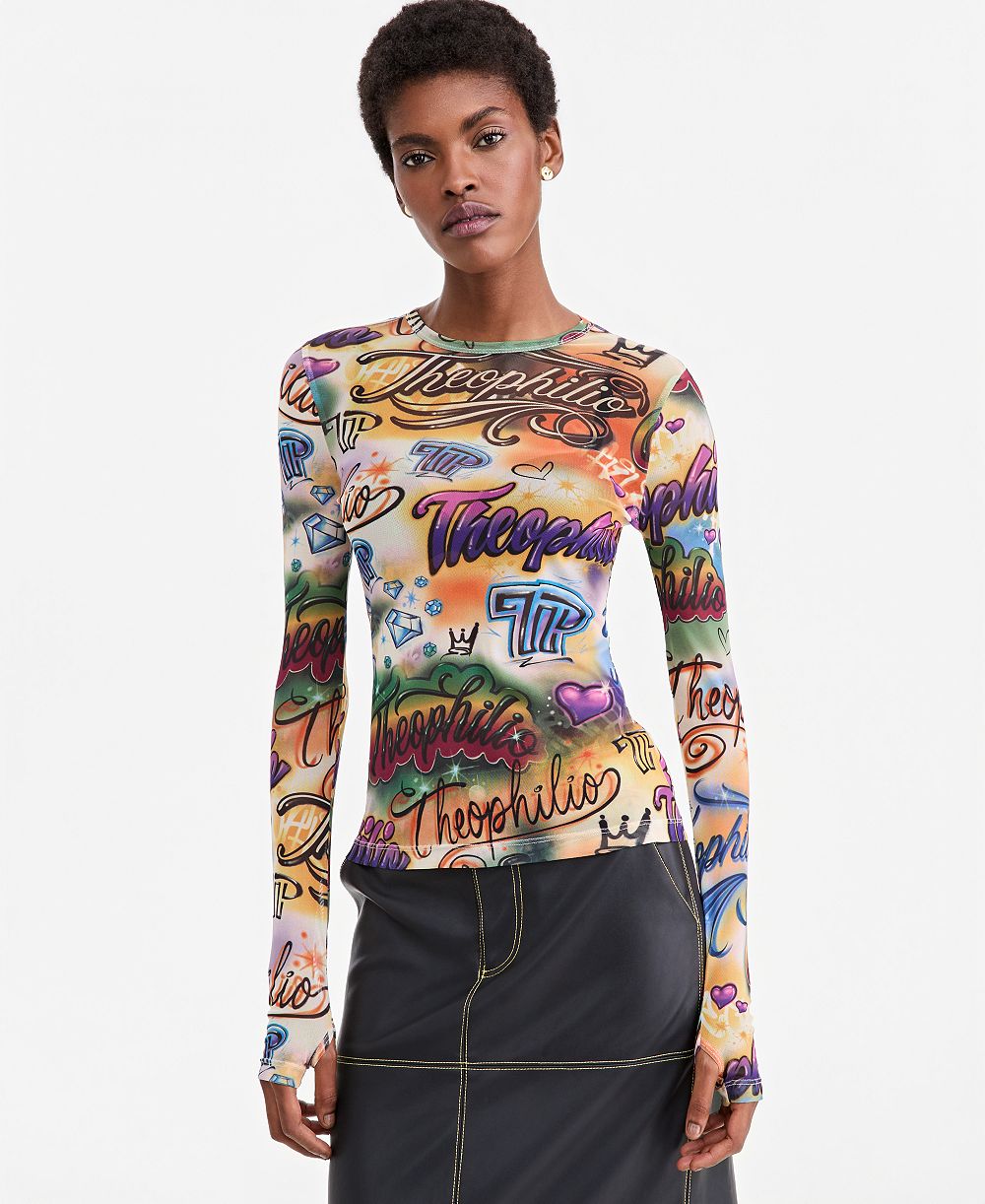 Theophilio | Macy's Women's Graffiti Print Sheer-Mesh Long-Sleeve Top, Macy's Exclusive