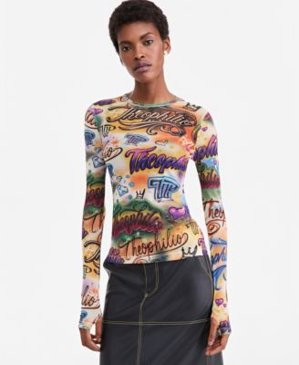 Theophilio | Macy's Women's Graffiti Print Sheer-Mesh Long-Sleeve Top, Macy's Exclusive