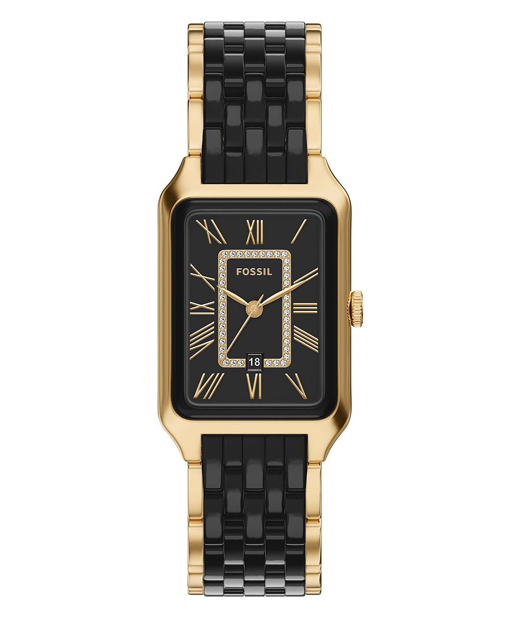Fossil Women's Raquel Three-Hand Date Gold-Tone Stainless Steel and Black Ceramic Watch 26mm
