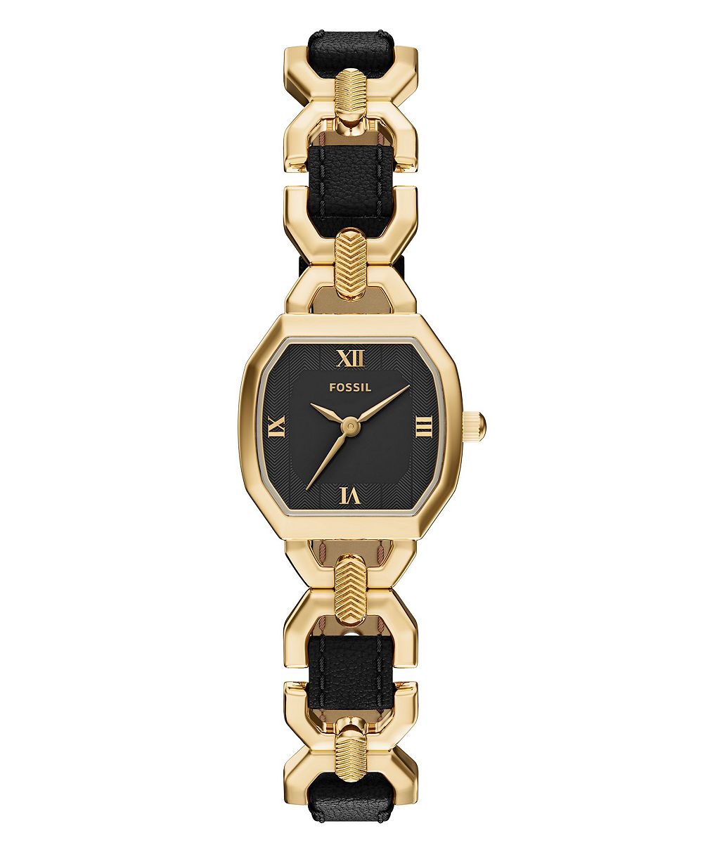 Fossil Женские часы Harlow Three-Hand, черная кожа и золото, сталь, 22mm