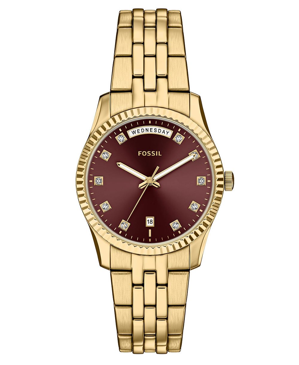 Fossil женские часы Scarlette с тремя стрелками и датчиком дня и даты, золотистый оттенок, нержавеющая сталь, 34 мм