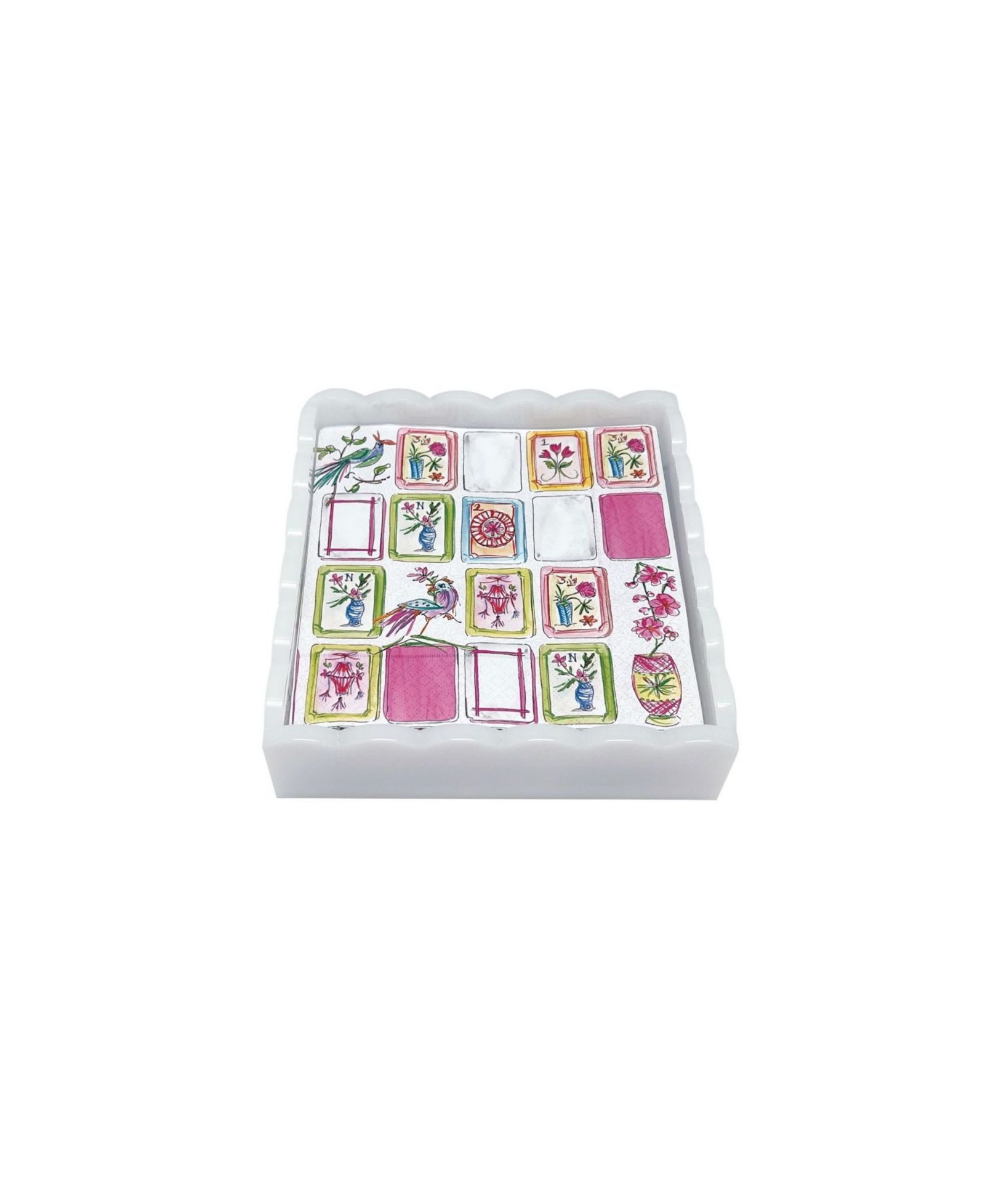 Mariposa Mahjong Scalloped Cocktail 5.75" Napkin Box Set